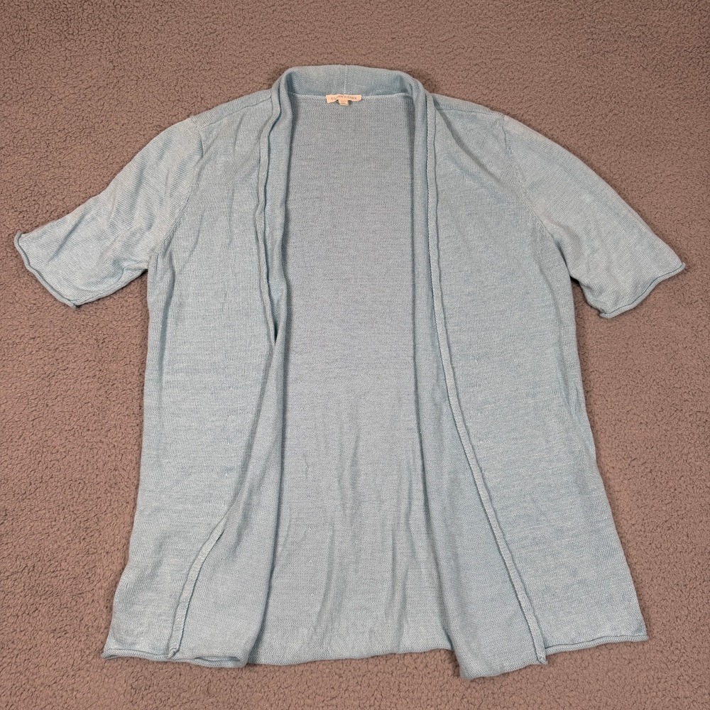 Eileen Fisher 100% Linen Short Sleeve Open Front Cardigan Womens L Blue Layering